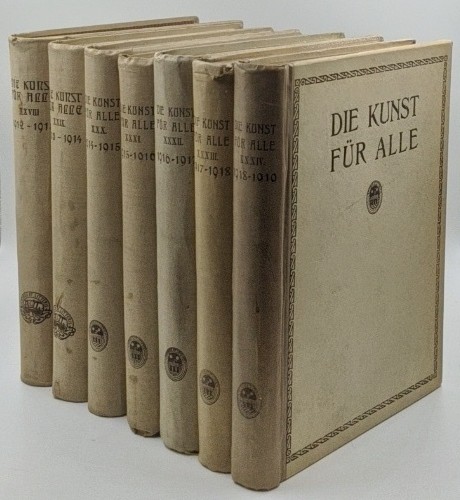 Schwartz, Fritz und P. Kirchgraber [Hrsg.]:  Die Kunst für alle [Zeitschrift] - Konvolut aus 7 Bänden [28.-34. Jahrgang, jeweils Oktober .... bis September .... in einem Einband] : 28. Jg. 1912-1913 / 29. Jg. 1913-1914 / 30. Jg. 1914-1915 / 31. Jg. 1915-1916 / 32. Jg. 1916-1917 / 33. Jg. 1917-1918 / 34. Jg. 1918-1919. 