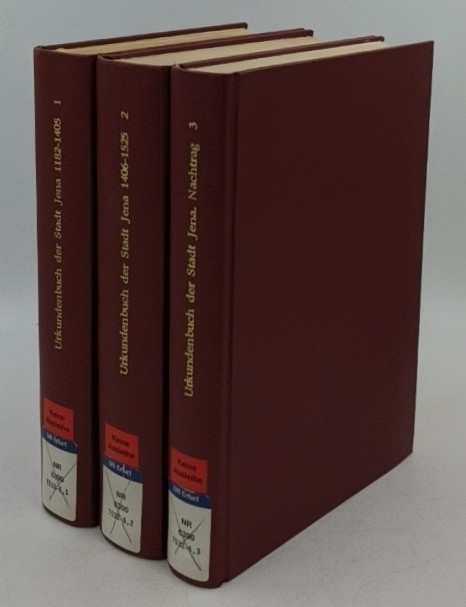 Martin, Johann E. A. und Ernst Devrient (Hrsg.):  Urkundenbuch der Stadt Jena und ihrer geistlichen Anstalten - 3 Bände : 1. 1182-1405 / 2. 1406-1525 / 3. Nachtrag c. 890-1525, Totenbücher, Akten und Urkunden 1526-1580 (=Thüringische Geschichtsquellen ; Bd. 6, 1-3 = N.F. Bd. 3, Bd. 1-3). 