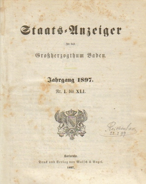 Baden  Staatsanzeiger für das Großherzogthum Baden Jahrgang 1897 Nr. I bis XLI, 