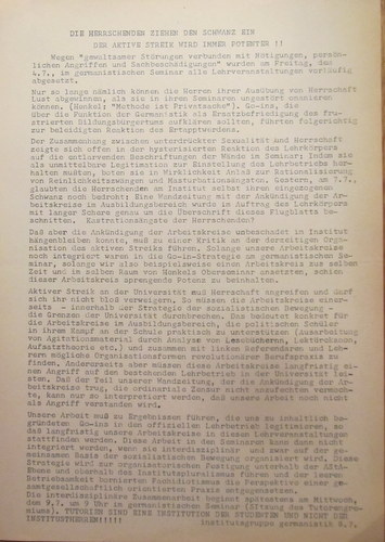 AStA Heidelberg  FLUGBLATT: Streikflugblatt - 7.7.1969 ("Wenn wir in der Lage sind, die KU zu kritisieren, so heißt das nicht, daß im Streik weniger zu tun, als in der KU getan wurde, ein politischer Fortschritt wäre") 