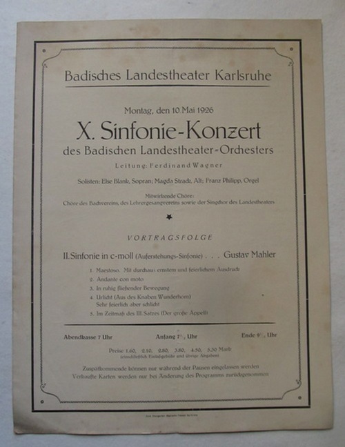 Wagner, Ferdinand (Leitung)  Programmheft: "X. Sinfonie-Konzert des Badischen Landestheater-Orchesters" (Veranstaltung des Badischen Landestheater am 10. Mai 1926) 
