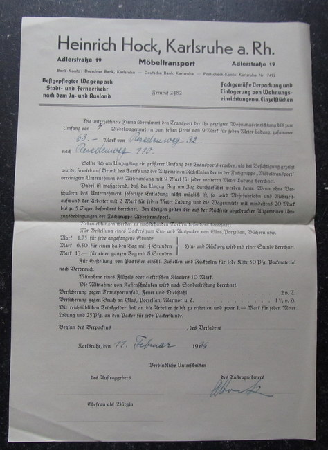 Hock, Heinrich  Rechnung / Vertrag für einen Umzug der Firma Heinrich Hock Möbeltransport, Karlsruhe, Adlerstraße 19 (Umzug in Rüppurr Resedenweg am 11. Februar 1936) 