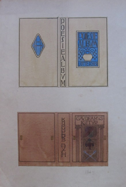 Hörrle, Heinrich  Zeichnung / Entwurf für ein Poesiealbum (für Lotte Scher) und darunter für ein Kommersbuch (Gaudeamus Igitur) (koloriert) 