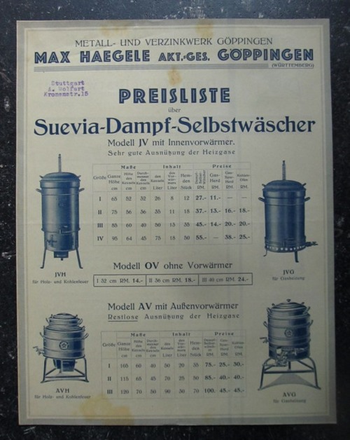 Max Haegele AG, (Göppingen)  Werbeblatt der Firma Max Haegele AG Göppingen Metall- und Verzinkwerk für "Suevia-Dampf-Selbstwäscher" (Modell JV mit Innenvorwärmer; Modell OV ohne Vorwärmer; Modell AV mit Außenvorwärmer) 