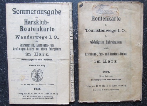 Harzklub (Hg.)  2 Landkarten / 1. Routenkarte. Liniennetz der Touristenwege I. O. der wichtigsten Fahrstrassen sowie Eisenbahn-, Post-, und Omnisbuslinien im Harz 