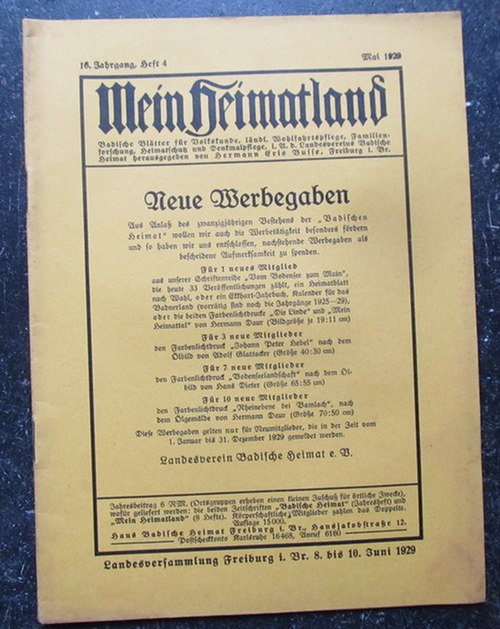 Busse (Hg.), H.E.  Mein Heimatland, Heft 4 - 1929 (Badische Blätter für Volkskunde, ländliche Wohlfahrtspflege, Familienforschung, Heimatschutz und Denkmalpflege) 