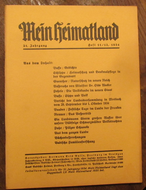 Wingenroth, Max (Hg.)  Mein Heimatland, Heft 11-12, 1934 (Badische Blätter für Volkskunde, ländliche Wohlfahrtspflege, Familienforschung, Heimatschutz und Denkmalpflege) 