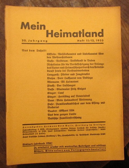 Wingenroth, Max (Hg.)  Mein Heimatland, Heft 11/12, 1933 (Badische Blätter für Volkskunde, ländliche Wohlfahrtspflege, Familienforschung, Heimatschutz und Denkmalpflege) 