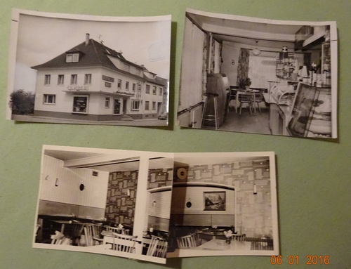 Meyer, Walter (Karlsruhe)  3 s/w Fotografien und 0 Negative v. Kuppenheim v. 21.4.1964 (Schwarzwaldcafe innen und außen, 1 Fotocollage) 