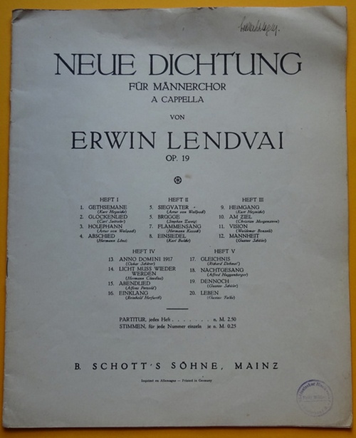 Lendvai, Erwin  Neue Dichtung Op. 19 (Für Männerchor a Cappella Heft 4) 