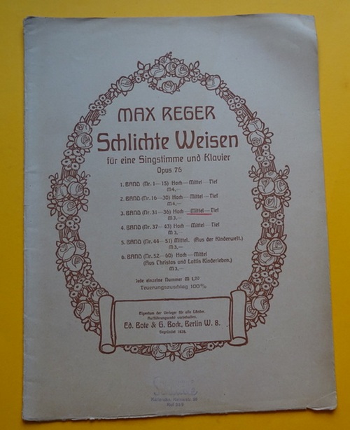 Reger, Max  Schlichte Weisen für Singstimme und Klavier Opus 76 Heft 3 (Nr. 31-36) mittlere Ausgabe, mit deutschem und Englischem Text 