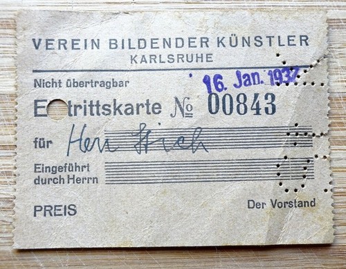 VbK Karlsruhe  Eintrittskarte "Verein bildender Künstler" Karlsruhe v. 16. Januar 1937 für Herrn Stich 