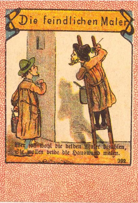 ohne Angaben  4seitige Bildgeschichte "Die feindlichen Maler" (von Wilhelm Busch) farbig lithographiert (parallel 4seitige Geschichte "Rotkäppchen; so original) 