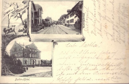   Ansichtskarte Gruss aus Mühlacker (Banh-Hotel und Strasse) 