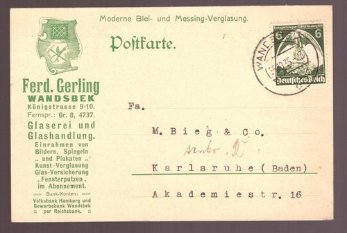   Ansichtskarte Postkarte mit Werbung der Firma Ferdinand Gerling Wandsbek, Glaserei und Glashandlung 