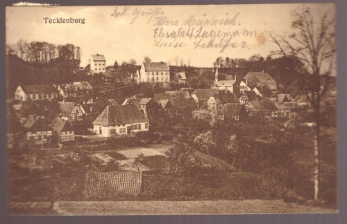   Ansichtskarte Tecklenburg Gesamtansicht. Hotel Drei Kronen. Besitzer L. Wulfekammer) 