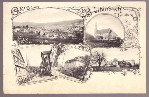   Ansichtskarte AK Gruss aus Breitenbach a. Herzberg (5 Motive) (Gasthaus v. Kurz, Totale, Kirche, Rentnerei, Ruine Herzberg) 