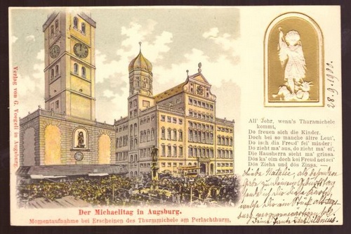   Ansichtskarte AK Der Michaelitag in Augsburg (Litho mit Prägefigur (Michele) (Momentaufnahme bei Erscheinen des Thurmmichele am Perlachthurm) 