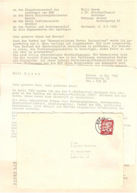 Nowak, Willi  Maschinenschriftliche Abschrift einer Eingabe von Willi Nowak aus der U.-Haftanstalt Dortmund v. April/Mai 1965 (Inhalt: Notstandsgesetze, Grundgesetz, Rechtsstaatlichkeit, Atomminengürtel, Verbot der KPD, politische Strafjustiz) 