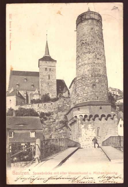   Ansichtskarte AK Bautzen. Spreebrücke mit alter Wasserkunst und Michaeliskirche 