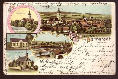   Ansichtskarte AK Gruss aus Bernstadt i. Sachsen. Litho 5 Motive (Totalansicht, Pliessnitz-Wehr, Turnhalle, Friedhofskapelle, Brücke) 