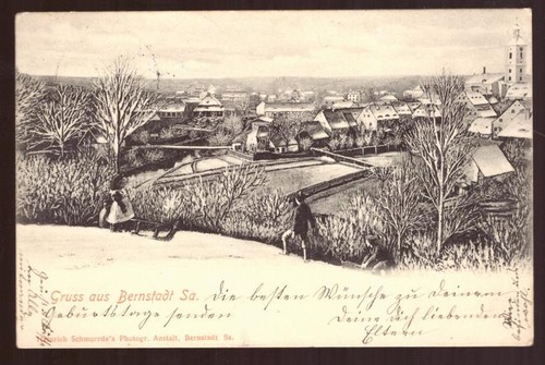   Ansichtskarte AK Gruss aus Bernstadt i. Sachsen (Totalansicht nach einer Zeichnung) 