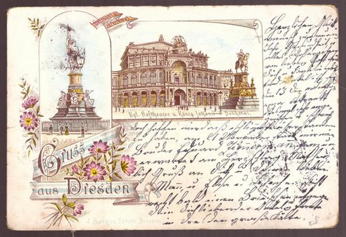   Ansichtskarte AK Gruss aus Dresden (Farblitho) (Kgl. Hoftheater u. König-Johann-Denkmal) 