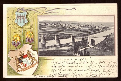   Ansichtskarte AK Kitzingen mit Eisenbahnbrücke und Prägewappen 