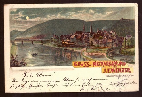   Ansichtskarte AK Gruss aus Neckargemünd von J. Menzer Weingrosshandlung (mit Vollmond) (Farblitho v. H. Hoffmann-Heidelberg) 
