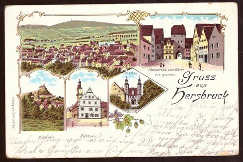   Ansichtskarte Ak Gruss aus Hersbruck. (5 Motive. Litho) (Gesamt, Hohenstein, Rathhaus, Schloss, Thorpartie) 