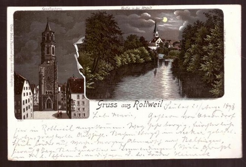  Ansichtskarte AK Gruss aus Rottweil. Litho 2 Motive mit Vollmond (Kapellenturm, Kirche in der Altstadt) 