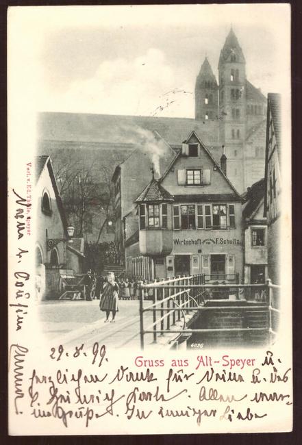   Ansichtskarte AK Gruss aus Alt-Speyer (Wirtschaft zum Halbmond  F. Schultz) 