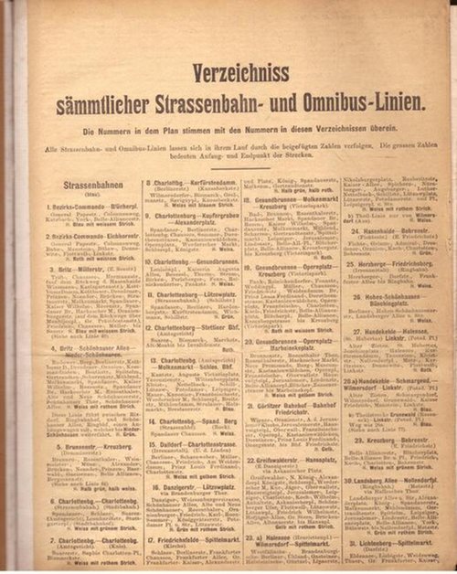 Maraun  Großer Verkehrs-Plan von Berlin mit seinen Vororten. Entworfen von Maraun (Strassenbahn - Omnibus - Eisenbahn und Dampfschiff-Linien in verschiedenfarbigem Druck) 