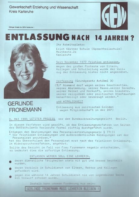 Fronemann, Gerlinde  Flugblatt. "Entlassung nach 14 Jahren ?" (Gegen die Entlassung aus politischen Gründen; DKP-Mitgliedschaft) 
