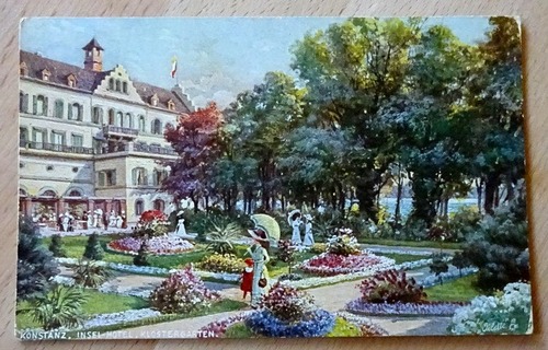   Ansichtskarte AK Konstanz. Insel-Hotel. Klostergarten (Werbekarte / Künstlerkarte des Hotels umseitig mit Anmerkungen zum Hotel) 