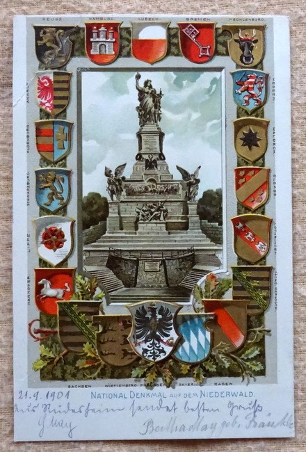   Ansichtskarte AK National Denkmal auf dem Niederwald (Farblitho mit Wappen. Prägedruck) 