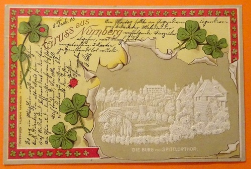   Ansichtskarte AK Gruss aus Nürnberg. Die Burg vom Spittlerthor (Prägekarte mit Kleeblatt) 
