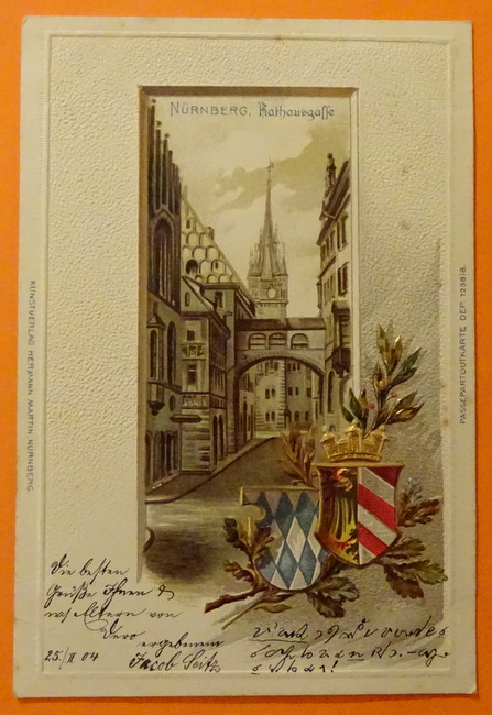   Ansichtskarte AK Nürnberg. Rathausgasse (Prägekarte mit Wappen. Farblitho) 