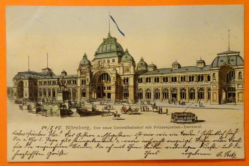   Ansichtskarte AK Nürnberg. Der Neue Centralbahnhof mit Prinzregenten-Denkmal (Künstler-AK) 