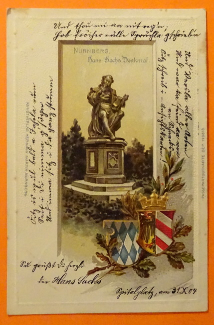   Ansichtskarte AK Nürnberg. Hans-Sachs-Denkmal (Prägedruck mit Wappen) 
