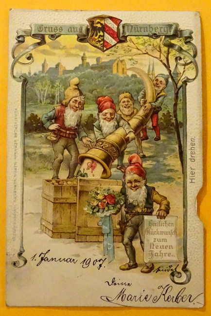   Ansichtskarte AK Gruss aus Nürnberg. Herlichen Glückwunsch zum Neuen Jahre (Mit Drehscheibe (Glückssymbole) 