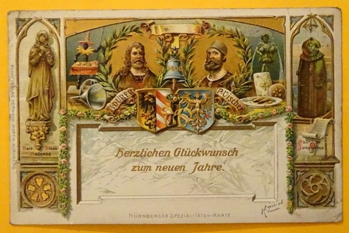   Ansichtskarte AK Nürnberg. A. Dürer / P. Vischer. Prägekarte Litho (Herzlichen Glückwunsch zum Neuen Jahre. Nürnberger Spezialitäten-Karte v. K. Zinn) 
