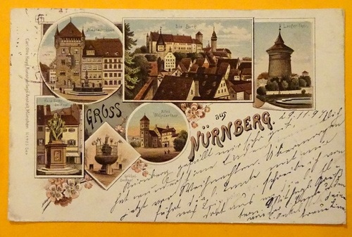   Ansichtskarte AK Gruss aus Nürnberg (6 Motive) (Farblitho) (Nassauerhaus, Burg, Laufer-Thor, Hans-Sachs-Denkmal, Altes Wöhrder Thor, Grübel-Denkmal) 