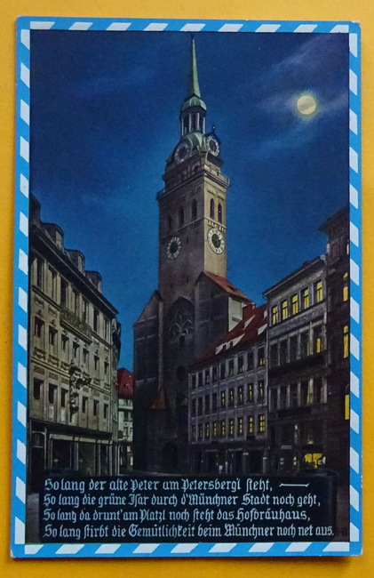   Ansichtskarte AK München. St. Peterkirche bei Mondschein (Mit Reim zu München und Hofbräuhaus) 