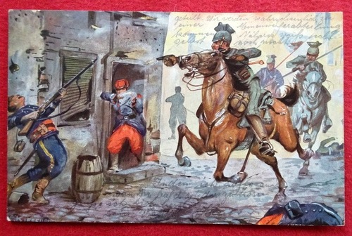   Ansichtskarte AK Der Weltkrieg 1914/15. Ulanenpatrouille in franz. Dorf (Künstlerkarte) 
