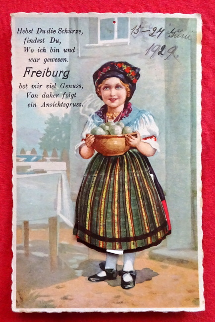   Ansichtskarte AK Freiburg mit Leporello unter dem Trachtenrock mit s/w Ansichten v. Freiburg und Spruch 