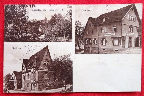   Ansichtskarte AK Oberweier b. Rastatt. Gasthaus z. Krone. Gesamtansicht. Rathaus. 3 Motive 