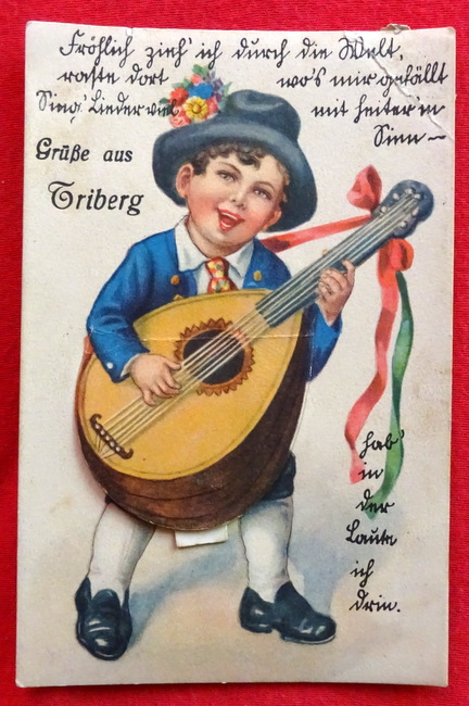   Ansichtskarte AK Gruss aus Triberg. Mandoline spielender Junge mit Leporello mit s/w Ansichten v. Triberg unter dem Instrument 