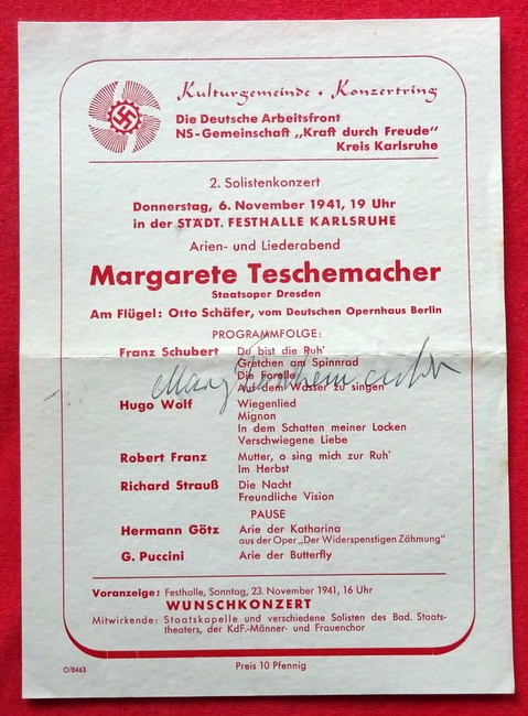 Teschemacher, Margarete  Programmzettel "2. Solistenkonzert Donnerstag 6. November 1941 in der Städtischen Festhale Karlsruhe. Arien- und Liederabend. Am Flügel Otto Schäfer 