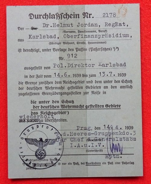 Jordan, Helmut  Durchlaßschein Nr. 2178 für die Grenze zwischen dem Reichsgebiet und dem unter Schutz der deutschen Wehrmacht gestellten Gebieten... 